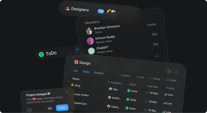 Chat-centric workflow tied to task boards